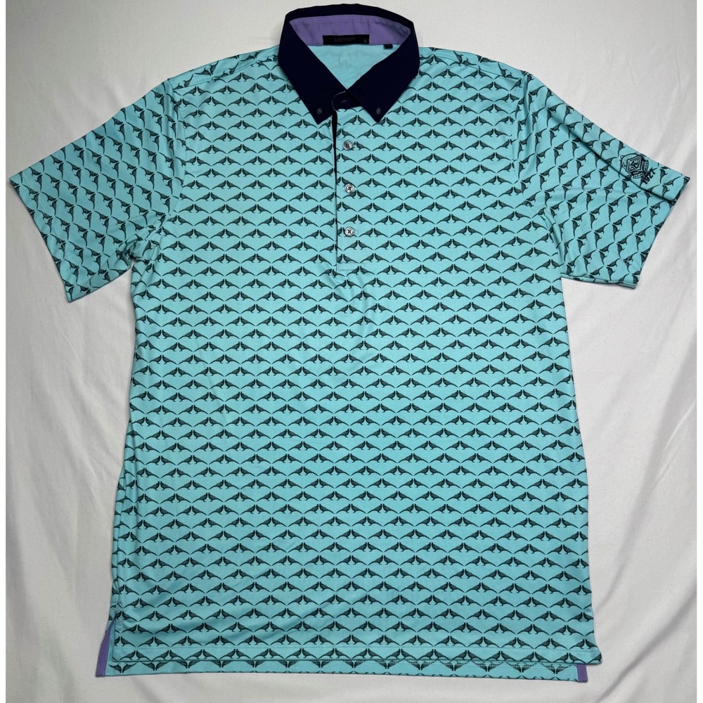 Greyson Clothiers Mens Large Turquoise Bird Print Golf Polo Shirt Navy Collar